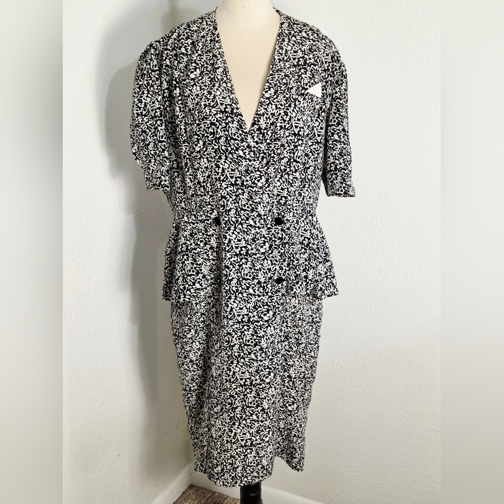Liz Roberts Vintage Black & White Floral Double-Breasted Peplum Dress, Size 16 - Picture 3 of 11